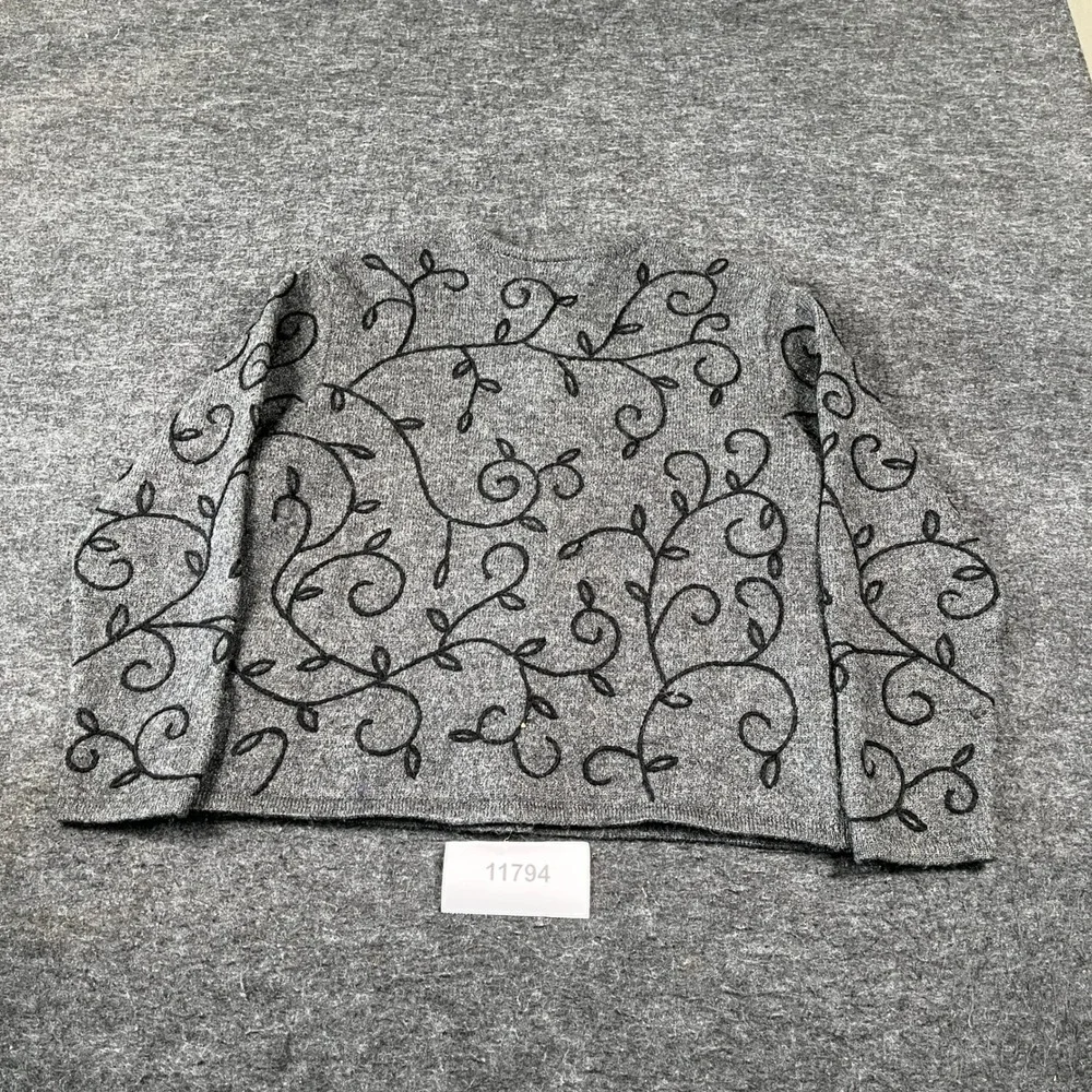 Embroidered Wool Rebecca Malone Cardigan Womens Petite M Gray Floral